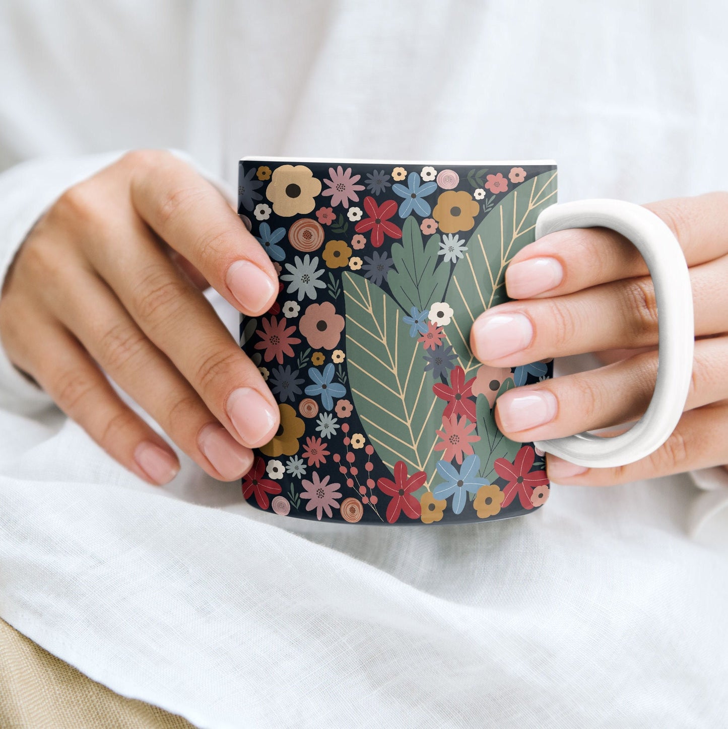 Deep Blue Floral Reindeer Mug | Gouache Flower Mug | Christmas Gift | Deer Mug