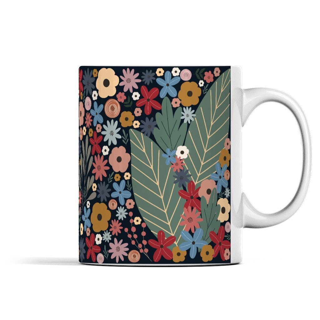 Deep Blue Floral Reindeer Mug | Gouache Flower Mug | Christmas Gift | Deer Mug