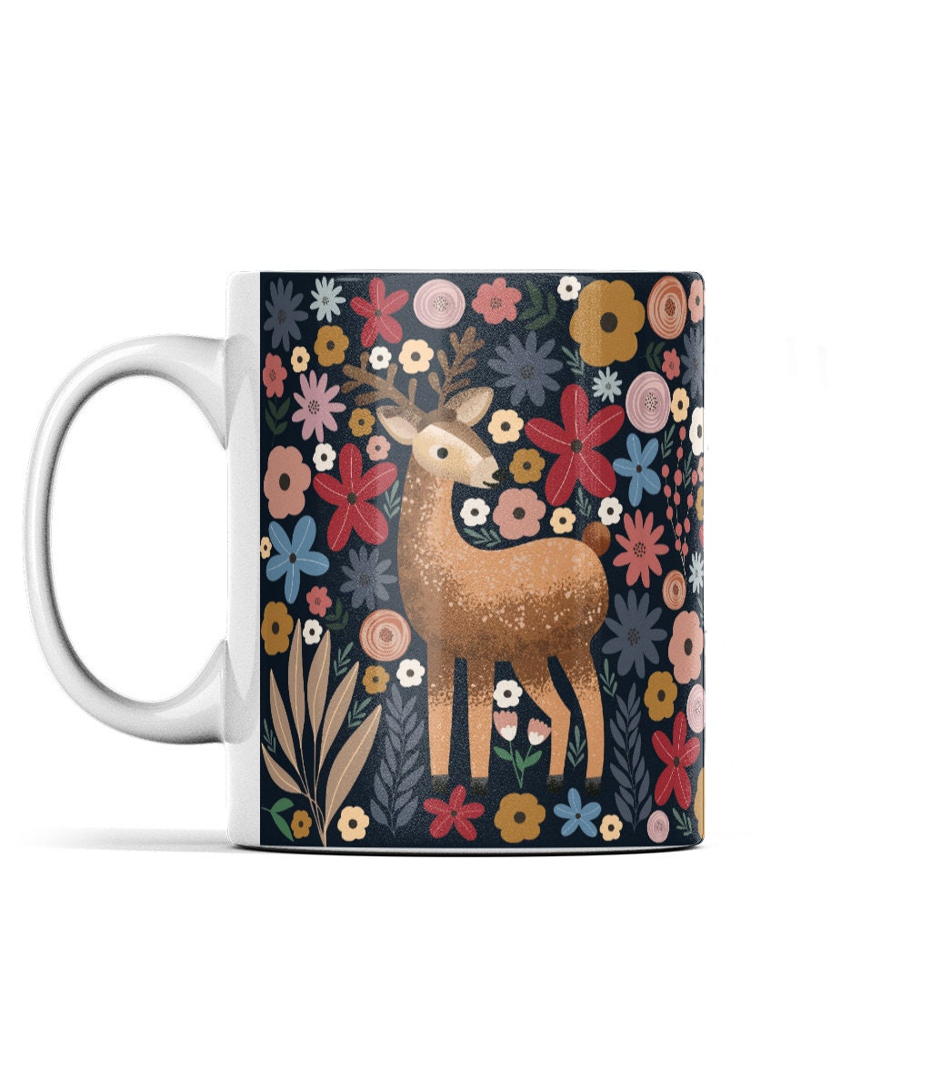 Deep Blue Floral Reindeer Mug | Gouache Flower Mug | Christmas Gift | Deer Mug