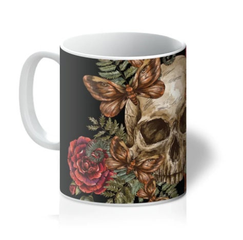 Gothic Skull and Roses Mug, Skeleton Mug, Halloween, Dark Academia, Dark Aesthetic, Witchy Gift, Gothic Gift, Witchcore Cup, Forestcore Mug