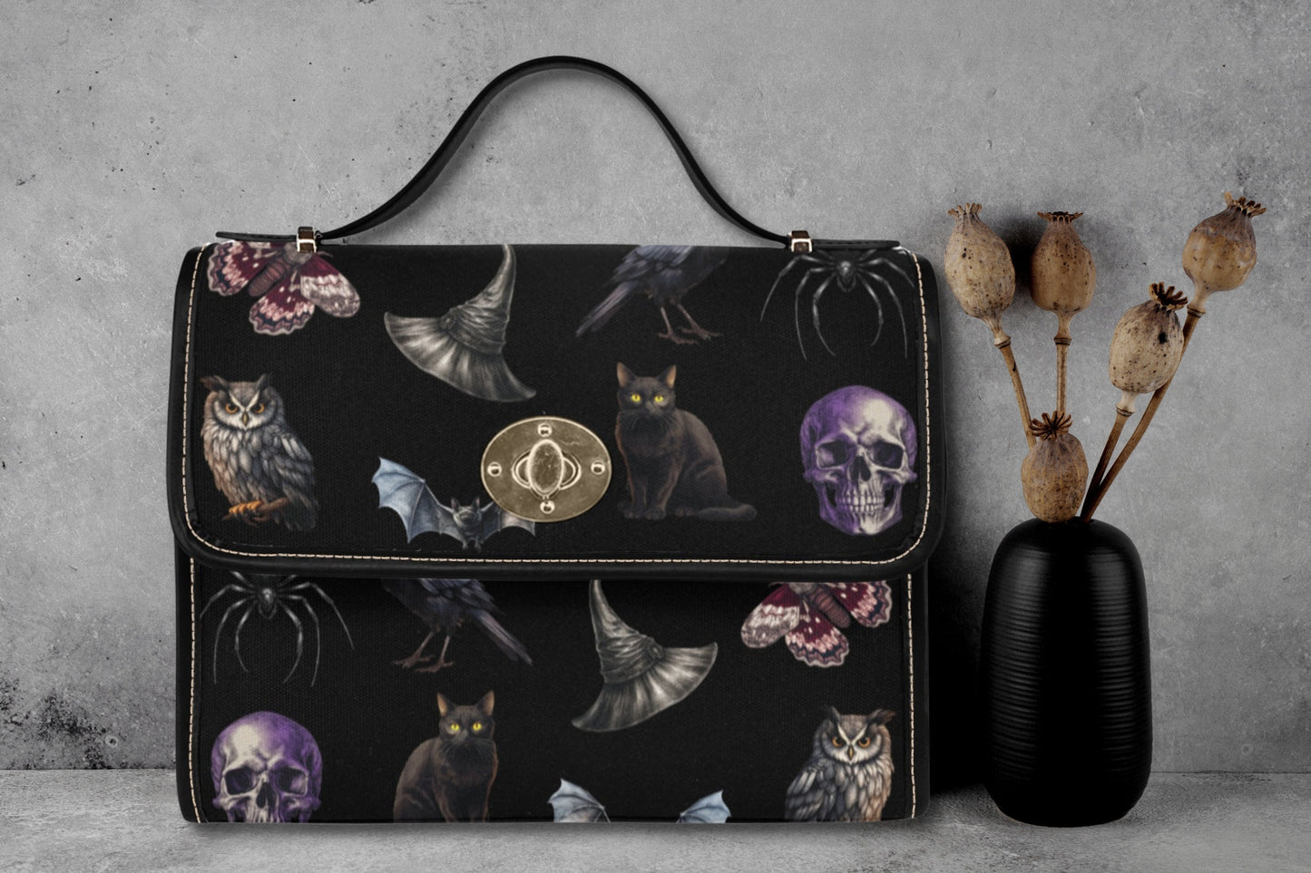 Gothic Dreams Satchel Bag, Black Top Handle Bag, Dark Academia, Witchcore, Gothic Witchy Handbag, Halloween Bag, Vegan Leather Trim Handbag