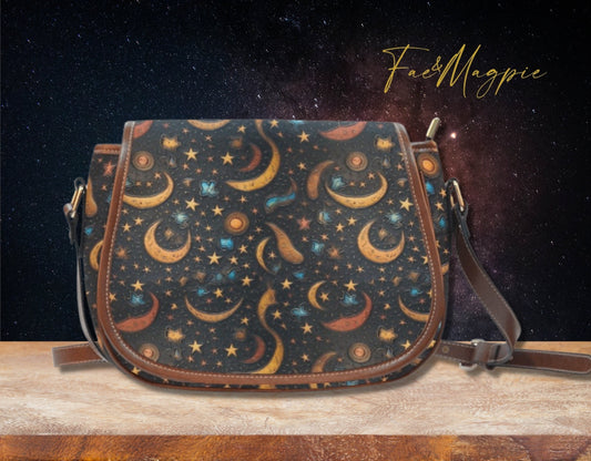 Moon Stars Witchy Saddle Handbag, cottagecore celestial bag, goth bag, witchcore, hippies boho gift, night sky handbag, star gift, moon gift