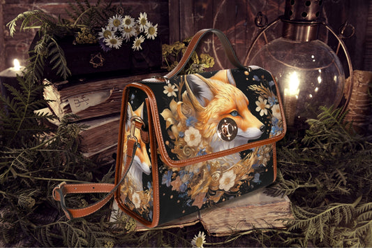 Mystical Fox Floral Retro Satchel Handbag, forest cottagecore fox bag, cute fox bag, vegan leather shoulder bag, Whimsical crossbody bag