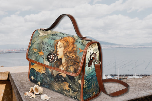 Sounds Of The Sea Mermaid Retro Satchel Handbag, nautical cottagecore bag, ocean fantasy bag, vegan leather crossshoulder bag, Whimsical bag