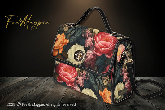 Vintage Botanical Floral Cottagecore Canvas Satchel Bag, Black Floral Handbag, Top Handle Bag With Shoulder Strap, Floral Bohemian Bag