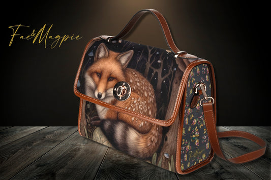 Midnight Fox Dark Cottagecore Canvas Satchel Bag, black fox bag, Top Handle Shoulder Bag , bohemian hippie handbag, mystical forest bag