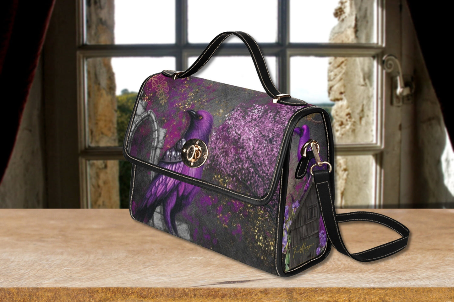 Midnight Crow Gothic Canvas Satchel Bag, Dark Academia Purple Bird Handbag, Crow Top Handle Bag , Witchcore Bag, Bohemian Bag, Halloween Bag