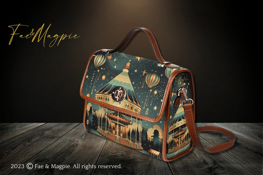 Night Carnival Dark Academia Canvas Satchel Bag, Vintage Night Circus Print Carousel Handbag, Carnivalcore Top Handle Bag, Hippie Bohemian