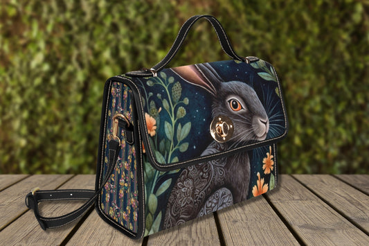 Midnight Hare Dark Cottagecore Canvas Satchel Bag, black hare bag, Top Handle Shoulder Bag , bohemian hippie handbag, mystical forest bag