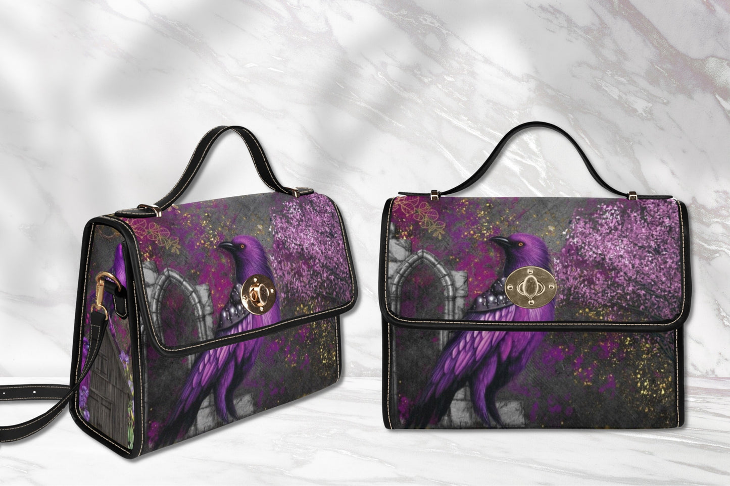 Midnight Crow Gothic Canvas Satchel Bag, Dark Academia Purple Bird Handbag, Crow Top Handle Bag , Witchcore Bag, Bohemian Bag, Halloween Bag