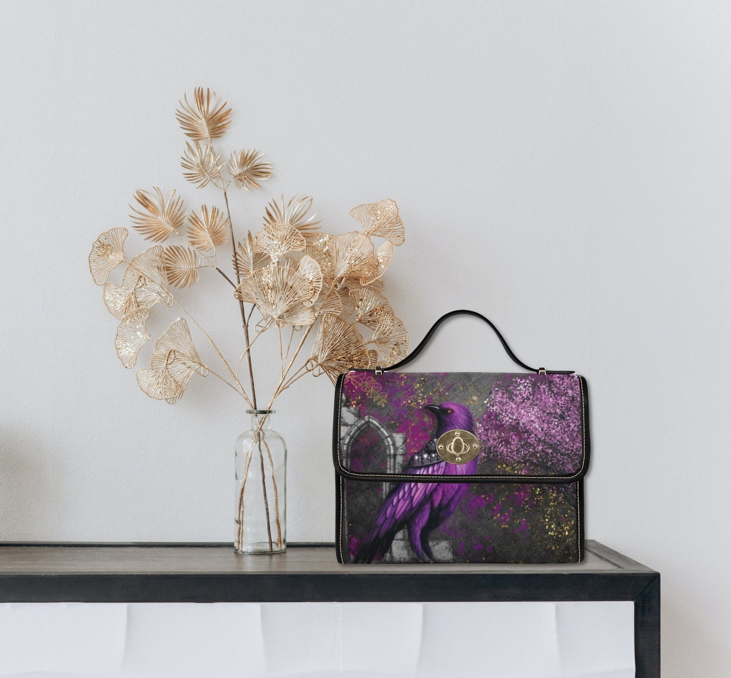 Midnight Crow Gothic Canvas Satchel Bag, Dark Academia Purple Bird Handbag, Crow Top Handle Bag , Witchcore Bag, Bohemian Bag, Halloween Bag