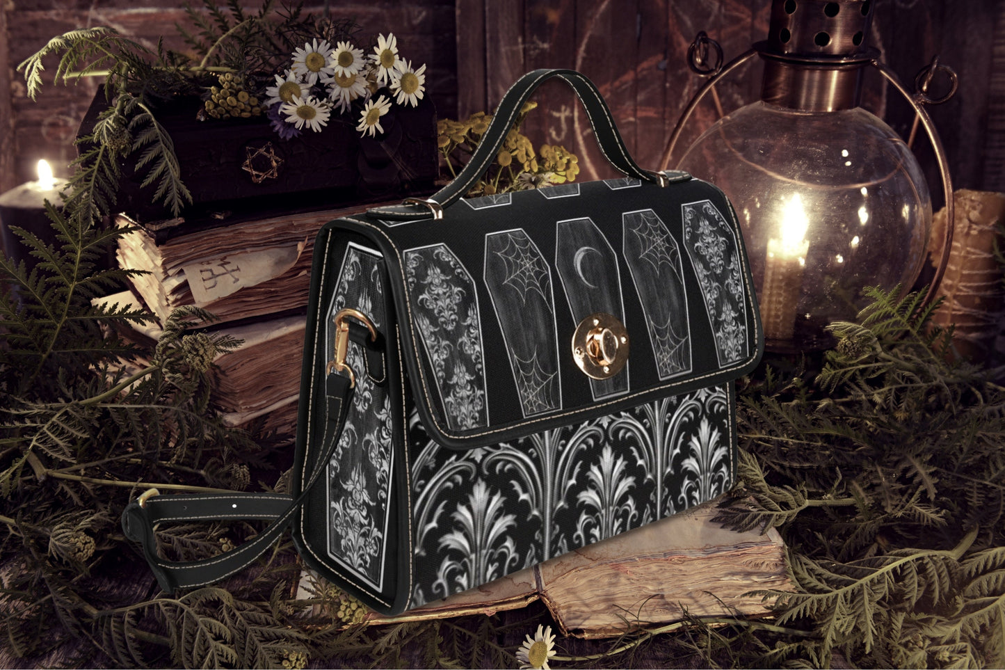 Gothic Coffins Black Canvas Satchel Bag, Vampire Dark Academia, Witchy Purse, Top Handle Bag, Witchcore Bag, Goth Victorian Rock Pattern Bag