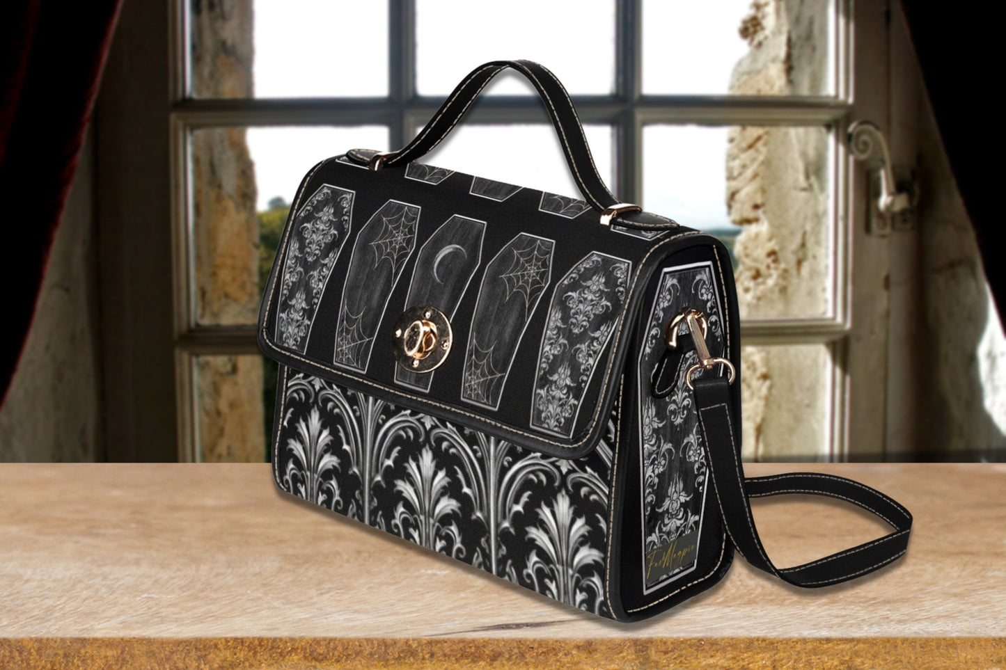 Gothic Coffins Black Canvas Satchel Bag, Vampire Dark Academia, Witchy Purse, Top Handle Bag, Witchcore Bag, Goth Victorian Rock Pattern Bag