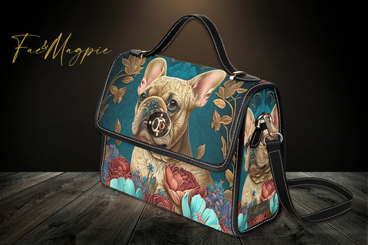 Frenchie Satchel handbag purse, french bulldog blue vegan leather shoulder bag, dog gift, art deco, cottagecore dog purse, dog lover bag