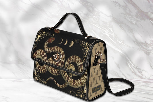 Serpent Gothic Canvas Satchel Bag, Snake Dark Academia, Dark Cottagecore, Moon Phase Top Handle Bag, Witchcore Bag, Goth Bohemian Hippie Bag