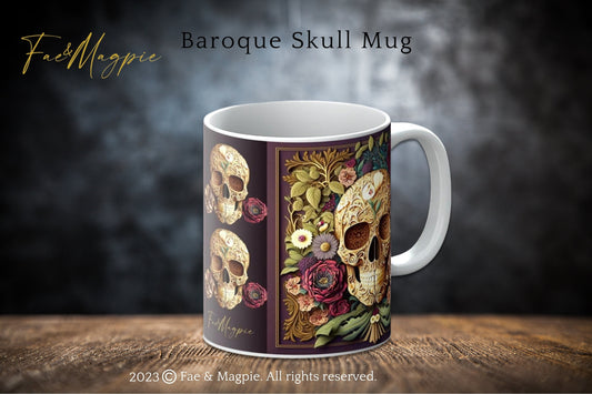 Dark Academia Skull Flowers Mug, baroque skeleton mug, halloween home decor, witchy gift, gothic gift, witchcore cup, purple mug