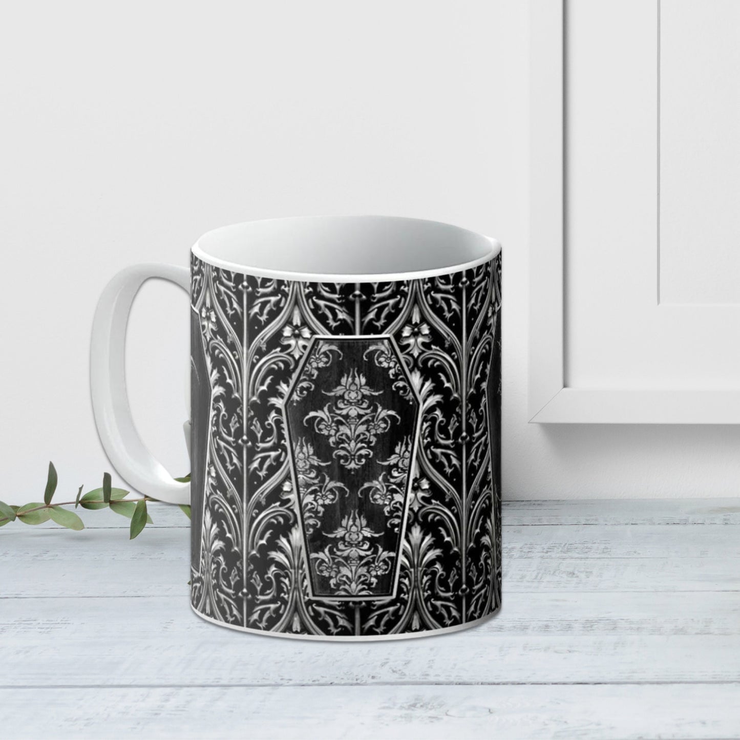 Gothic Coffins Mug, dark academia vampire cup, halloween home decor, witchy gift, gothic gift, witchcore cup, black coffin spooky mug