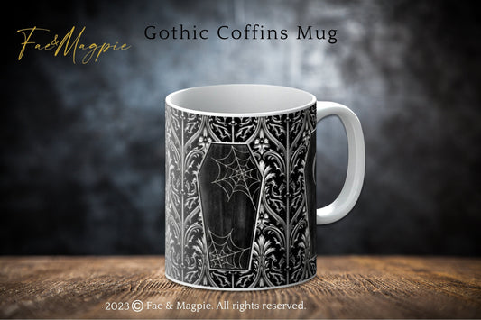 Gothic Coffins Mug, dark academia vampire cup, halloween home decor, witchy gift, gothic gift, witchcore cup, black coffin spooky mug