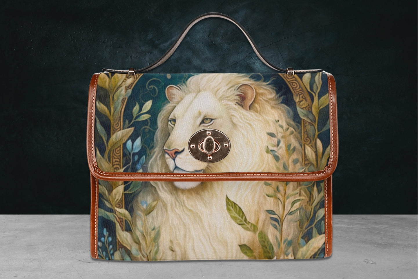 Fairytale Lion Canvas Satchel Bag, leo lion purse, white lion bag, bohemian hippie handbag, mystical creatures bag, narnia aslan lion