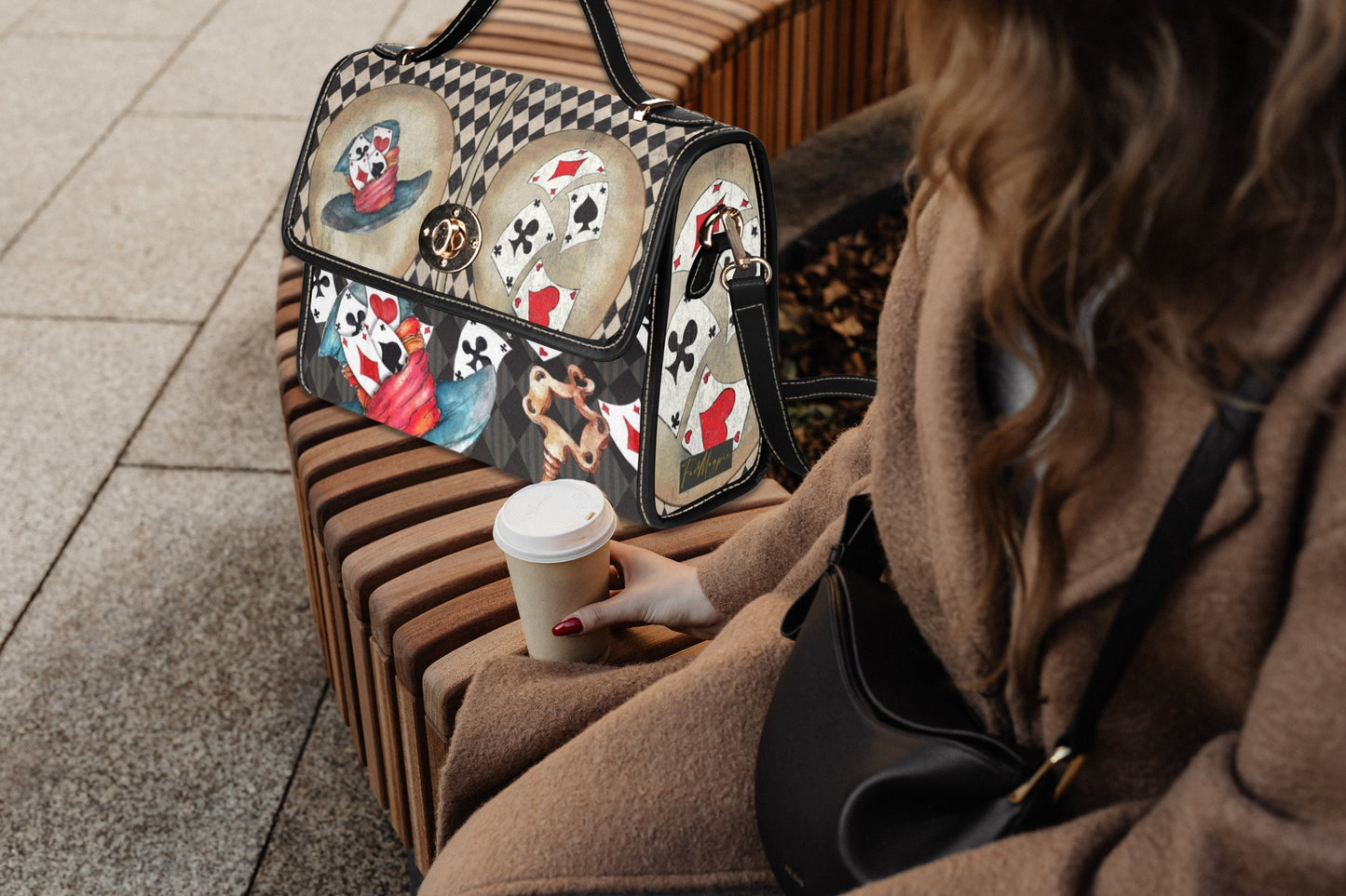 Mad Hatter Retro Canvas Satchel Bag, alice in wonderland purse, magical playing card bag, bohemian hippie handbag, red black bag