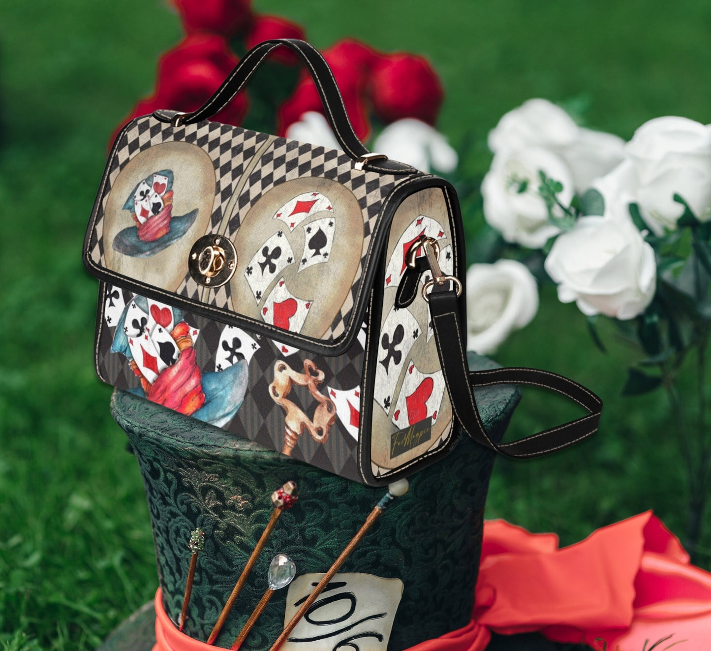 Mad Hatter Retro Canvas Satchel Bag, alice in wonderland purse, magical playing card bag, bohemian hippie handbag, red black bag