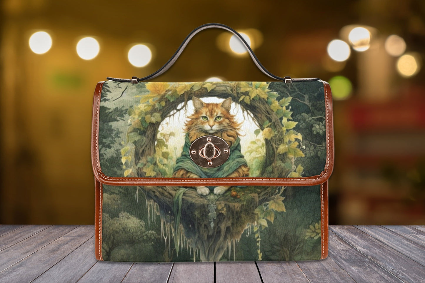 Green Witch Cat Canvas Satchel Bag, witchy cat Top Handle Shoulder Bag , witchcore purse mystical forest bag, forestcore goblincore purse