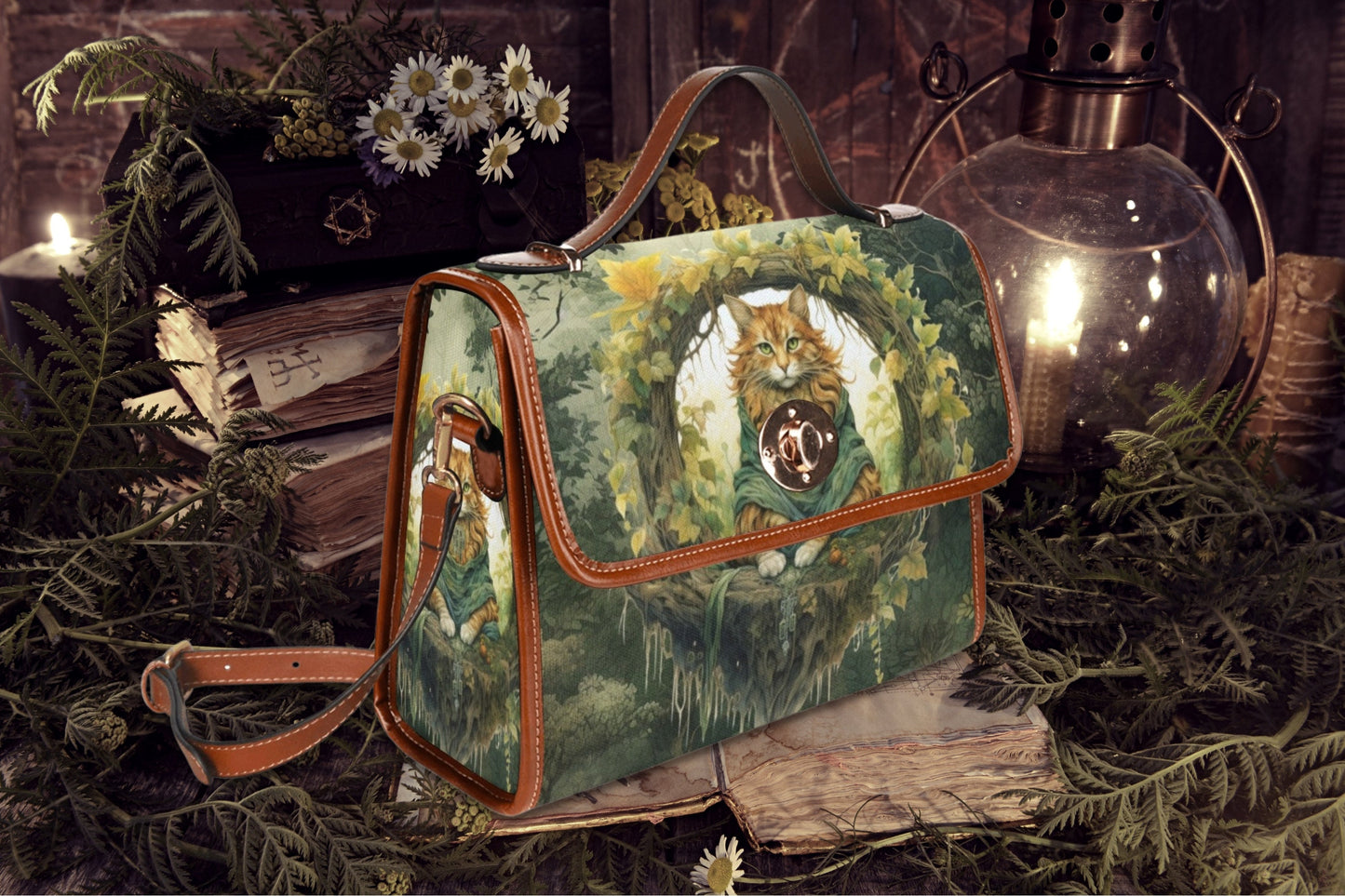 Green Witch Cat Canvas Satchel Bag, witchy cat Top Handle Shoulder Bag , witchcore purse mystical forest bag, forestcore goblincore purse