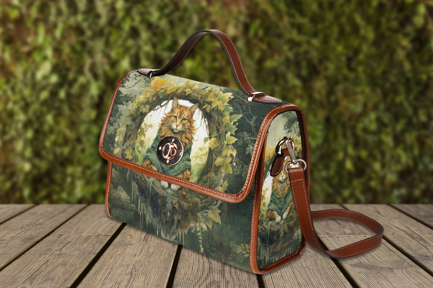 Green Witch Cat Canvas Satchel Bag, witchy cat Top Handle Shoulder Bag , witchcore purse mystical forest bag, forestcore goblincore purse