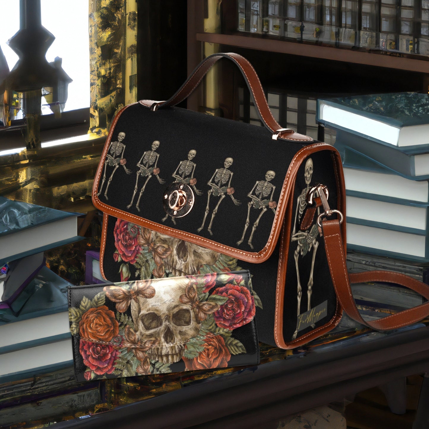 Dark Academia Skull Gothic Canvas Satchel Bag, halloween handbag, skull top handle bag , witchcore bag, bohemian bag, skull and roses purse