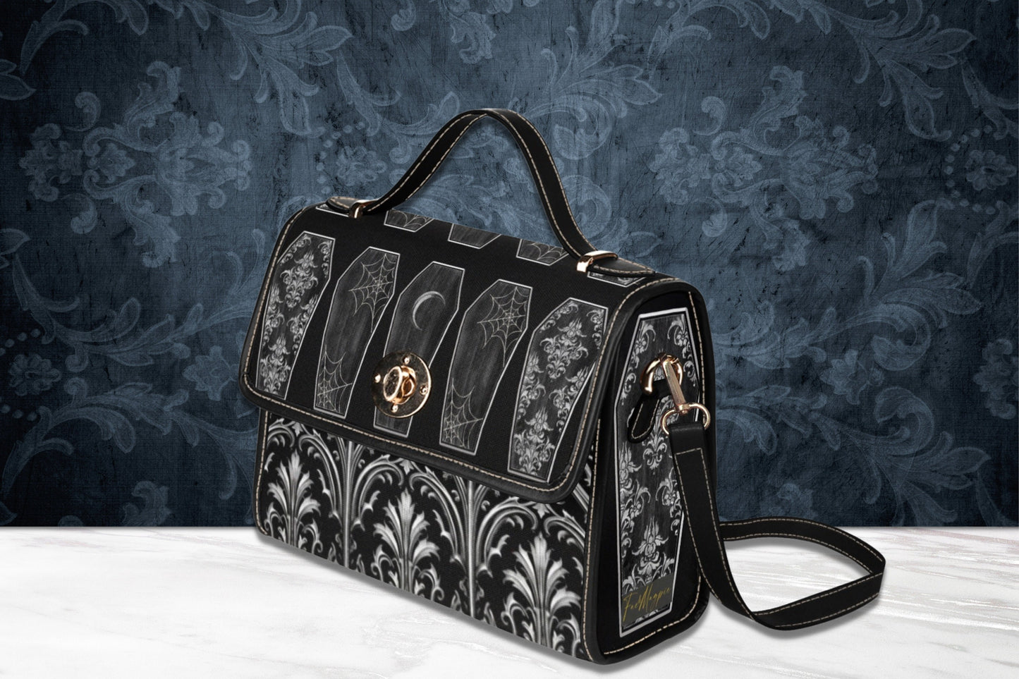 Gothic Coffins Black Canvas Satchel Bag, Vampire Dark Academia, Witchy Purse, Top Handle Bag, Witchcore Bag, Goth Victorian Rock Pattern Bag