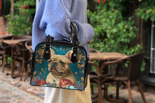 Frenchie Dog Teal Bowler Bag Purse, French Bulldog blue bag, floral top handle bag with shoulder strap, bulldog handbag, dog lover gift