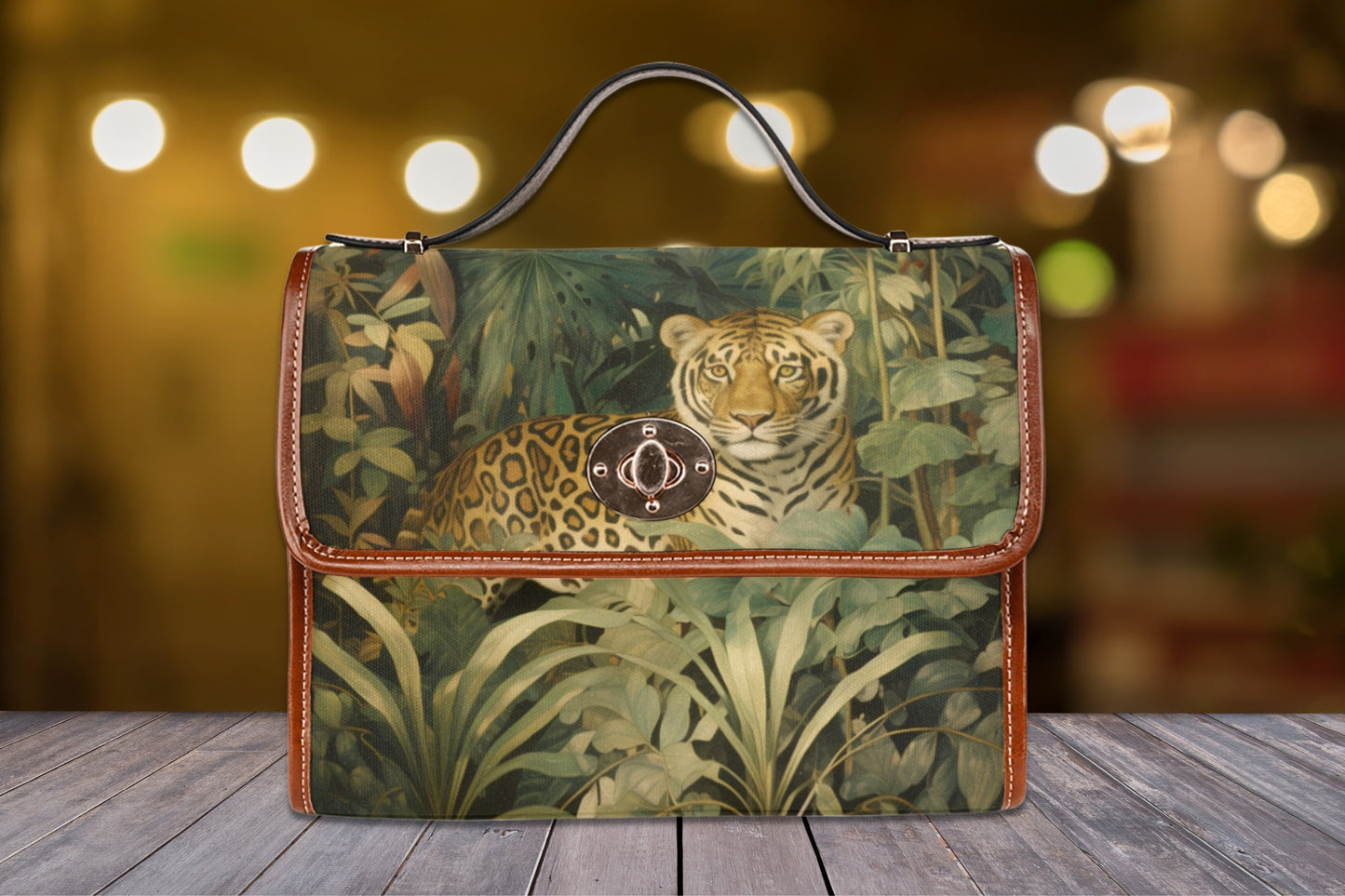 Jungle Tiger Satchel Handbag Purse, dark wild animal bag, fantasy tiger purse, brown vegan leather shoulder bag, tiger lover gift