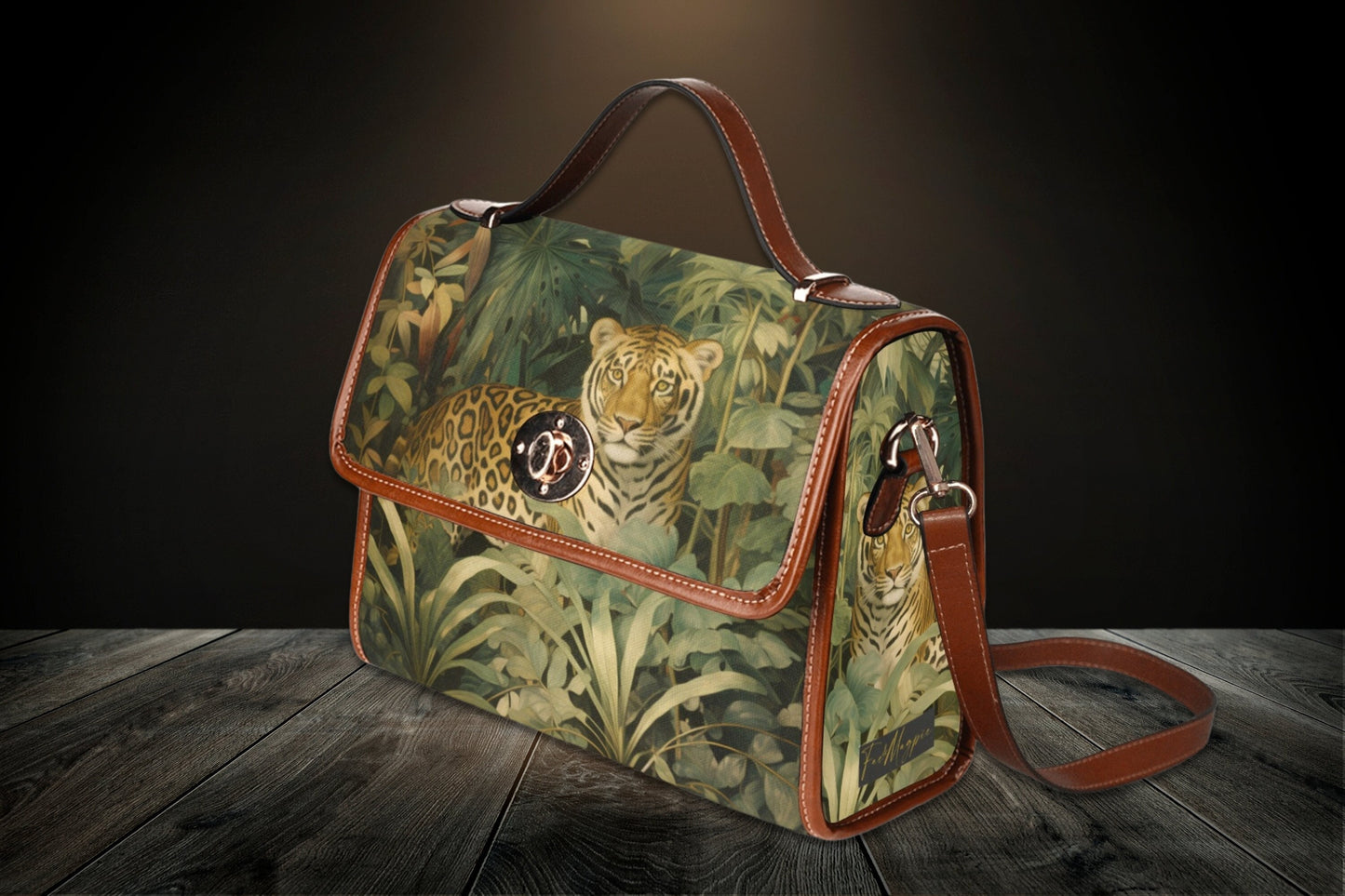 Jungle Tiger Satchel Handbag Purse, dark wild animal bag, fantasy tiger purse, brown vegan leather shoulder bag, tiger lover gift