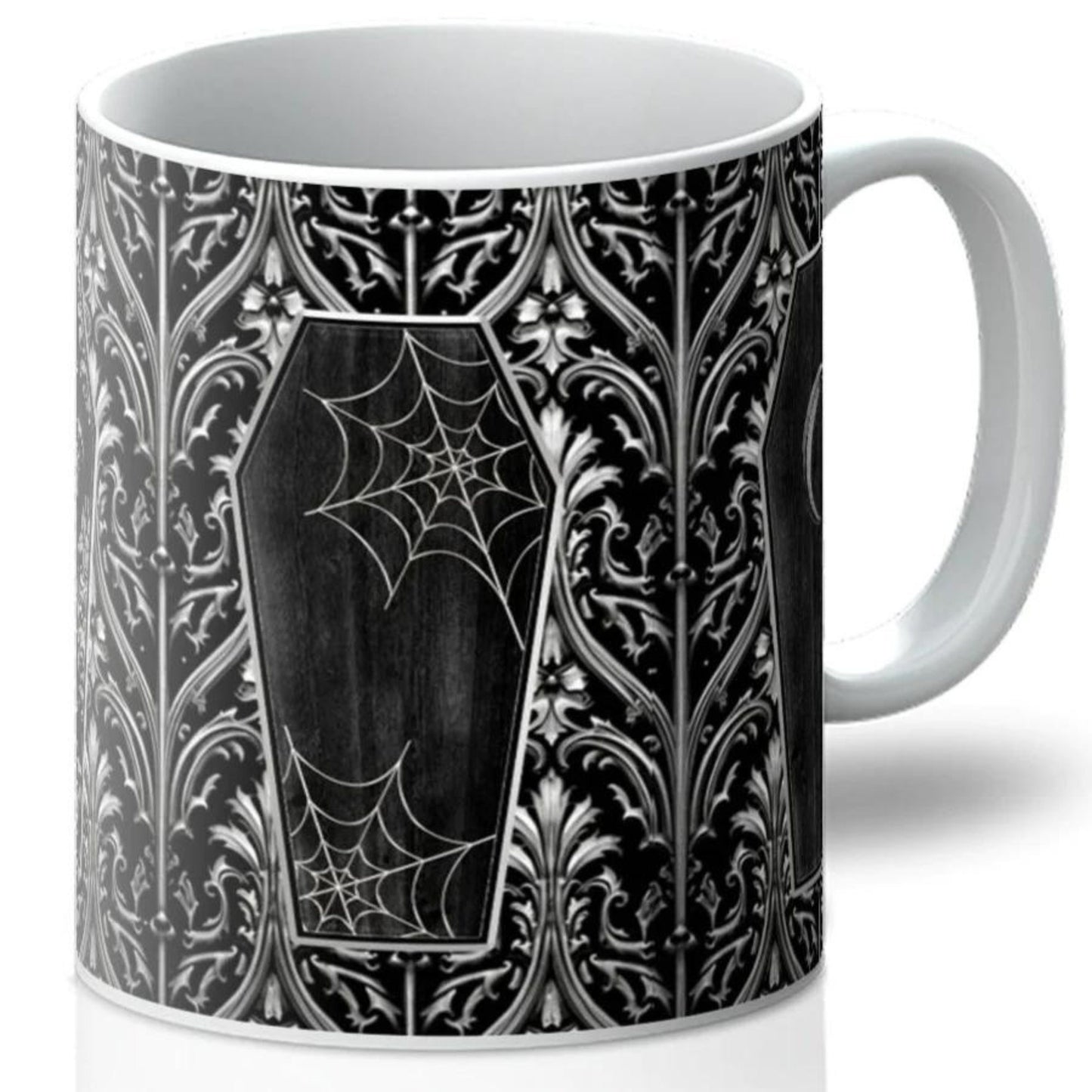 Gothic Coffins Mug, dark academia vampire cup, halloween home decor, witchy gift, gothic gift, witchcore cup, black coffin spooky mug