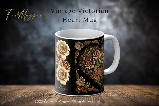 Vintage Victorian Heart Mug, antique cup, vampire Mug, dark academia halloween mug, gothic gift, vintage cup, victorian vampire decor