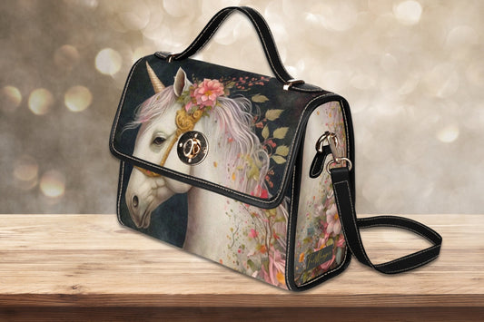 Dark Cottagecore Floral Unicorn Canvas Satchel Bag, unicorn purse, retro bohemian handbag, mystical creatures bag, legend unicorn