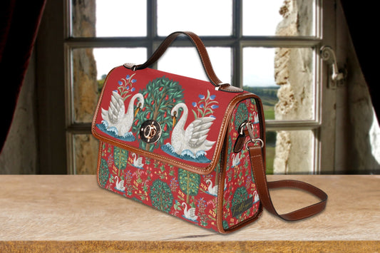 Medieval Swan Red Canvas Satchel Bag, birds and flowers top handle bag with shoulder strap, french style cottagecore bag, historical bag