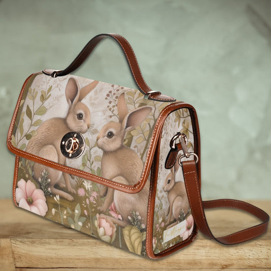 Retro Wooland Rabbit Cottagecore Canvas Satchel Bag, Cute Top Handle Shoulder Bag , bunny bohemian hippie handbag, mystical creature bag