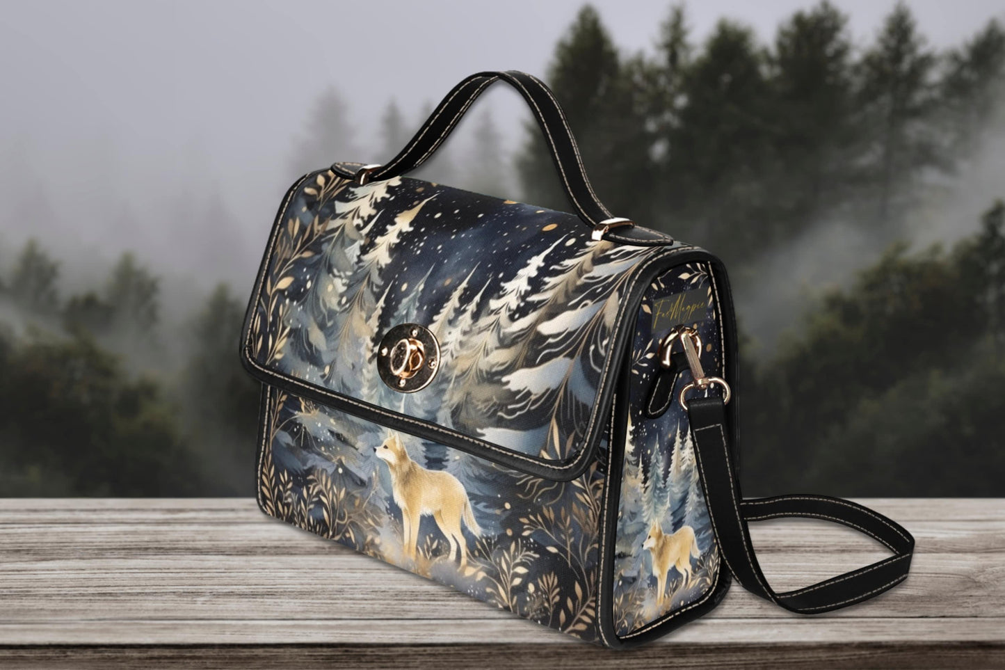 Mystical Wolf Canvas Satchel Bag, witchy Top Handle Shoulder Bag , witchcore purse dark academia wild wolf handbag, gothic werewolf bag