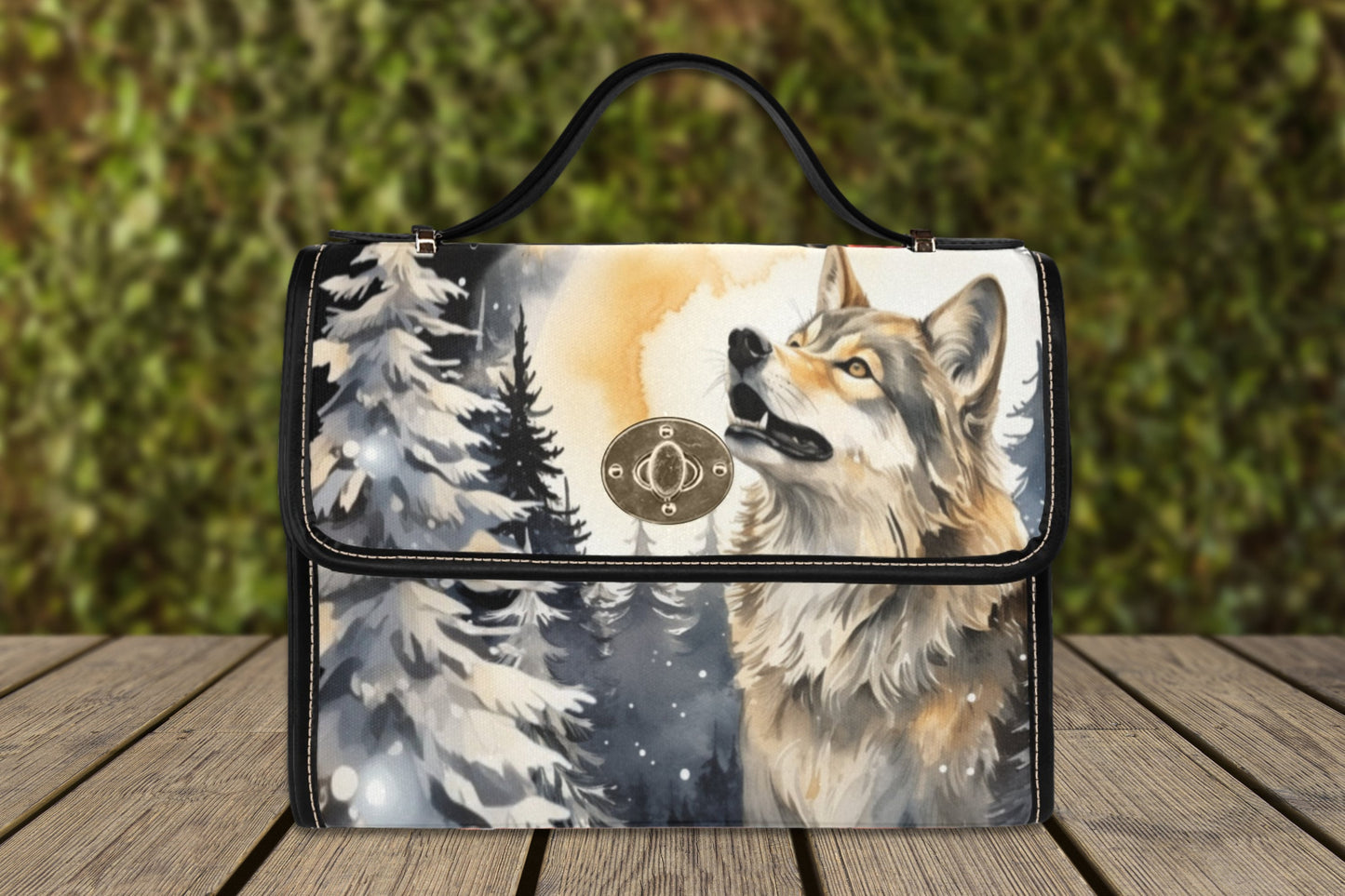 Moon Wolf Mystical Canvas Satchel Bag, witchy Top Handle Shoulder Bag , witchcore purse dark academia wild wolf handbag, gothic werewolf bag