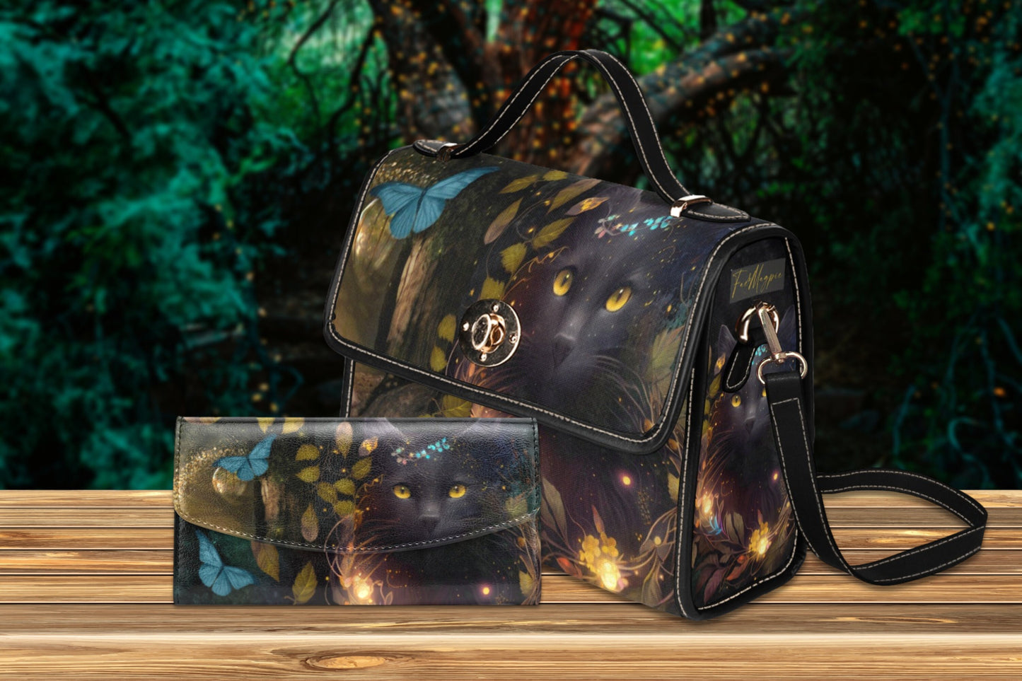 Magical Forest Cat Canvas Satchel Bag, witchy cat Top Handle Shoulder Bag , witchcore purse mystical black cat, dark academia cat handbag