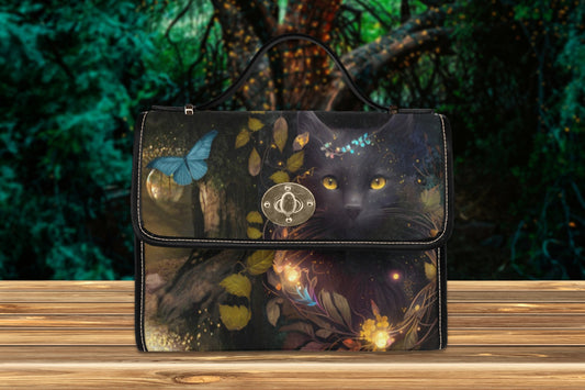 Magical Forest Cat Canvas Satchel Bag, witchy cat Top Handle Shoulder Bag , witchcore purse mystical black cat, dark academia cat handbag