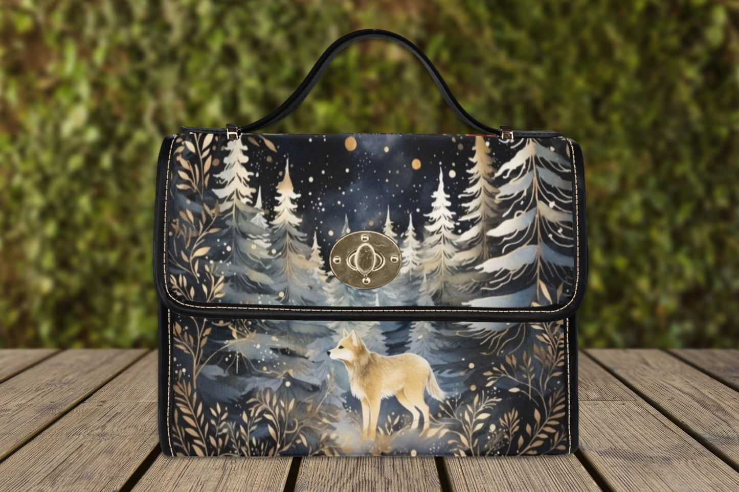 Mystical Wolf Canvas Satchel Bag, witchy Top Handle Shoulder Bag , witchcore purse dark academia wild wolf handbag, gothic werewolf bag