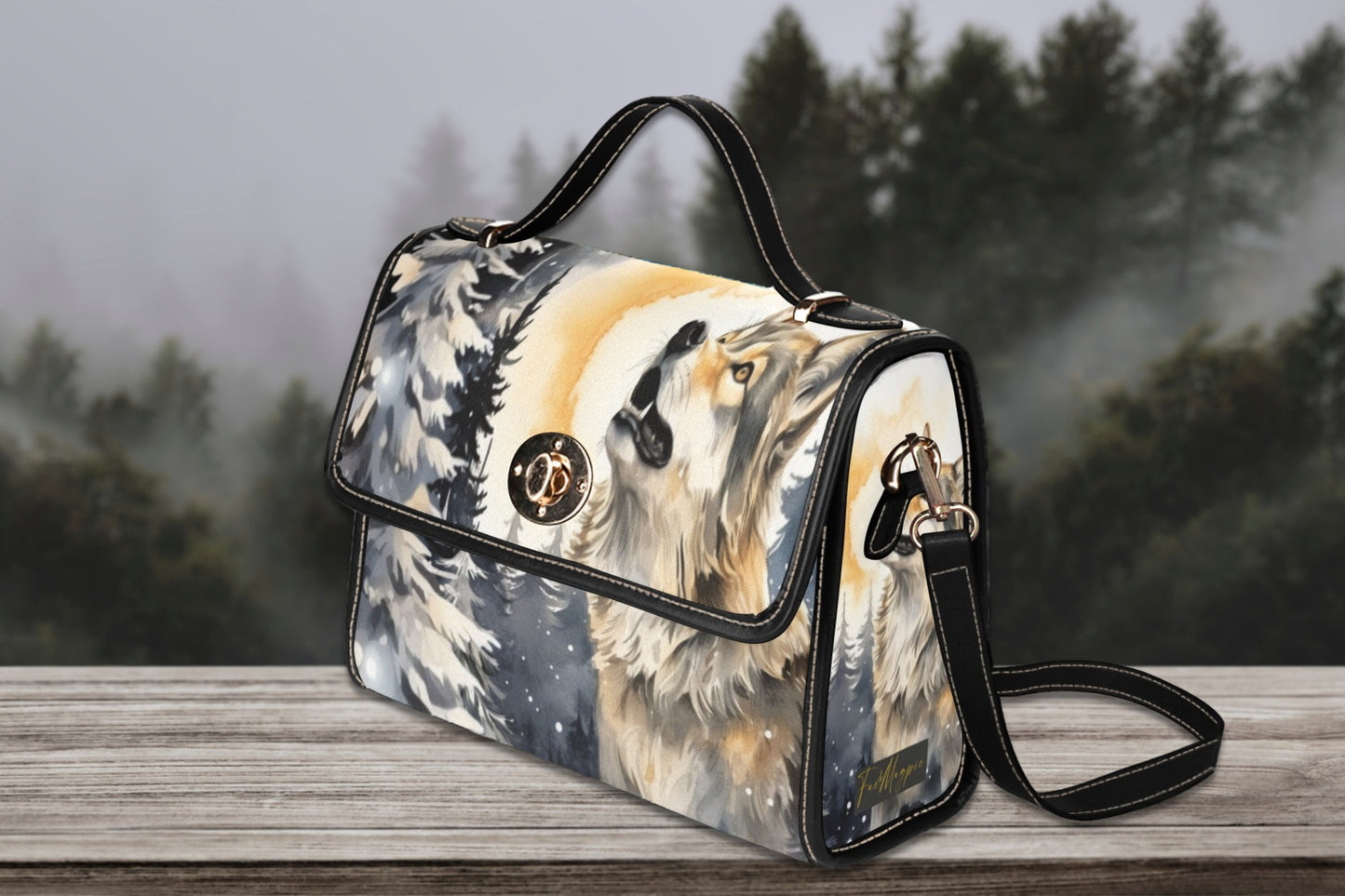 Moon Wolf Mystical Canvas Satchel Bag, witchy Top Handle Shoulder Bag , witchcore purse dark academia wild wolf handbag, gothic werewolf bag