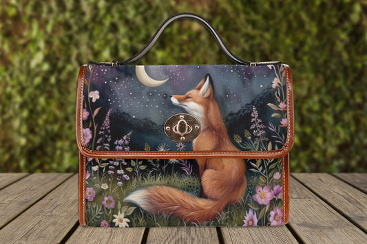 Moon Gaze Fox Purse, dark cottagecore fox, retro satchel handbag, forest fox bag, cute fox bag, vegan leather shoulder bag, fox lover gift