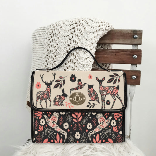 Folk Animal Woodland Cottagecore Canvas Satchel Bag, deer rabbit owl purse, ladies black top handle shoulder bag, forestcore stag handbag