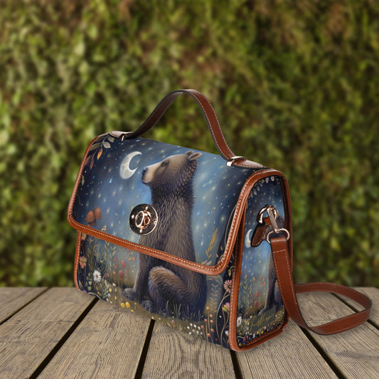 Moon Gaze Bear Purse, dark cottagecore bear, retro satchel handbag, forestcore cute bear bag, vegan leather shoulder bag, bear lover gift