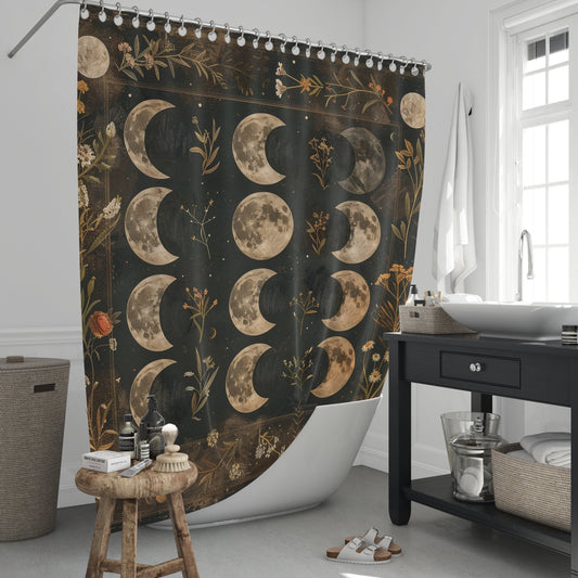 Moon Phase Witchy Bath Shower Curtain with C-shaped Hooks 72" x 72", celestial witchcore dark cottagecore decor, bathroom decor accessories