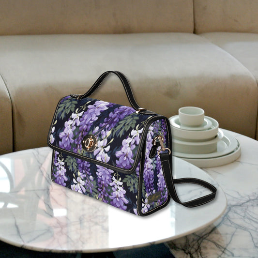 Purple Wisteria Canvas Satchel Bag, cottagecore top handle bag with shoulder strap, wisteria floral purse, flower print handbag, floral bag