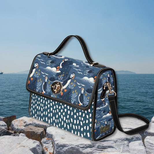 Puffins Blue Coastal Satchel handbag, Nautical Bird bag, puffin purse, black vegan leather shoulder bag, seaside gift, puffin print handbag